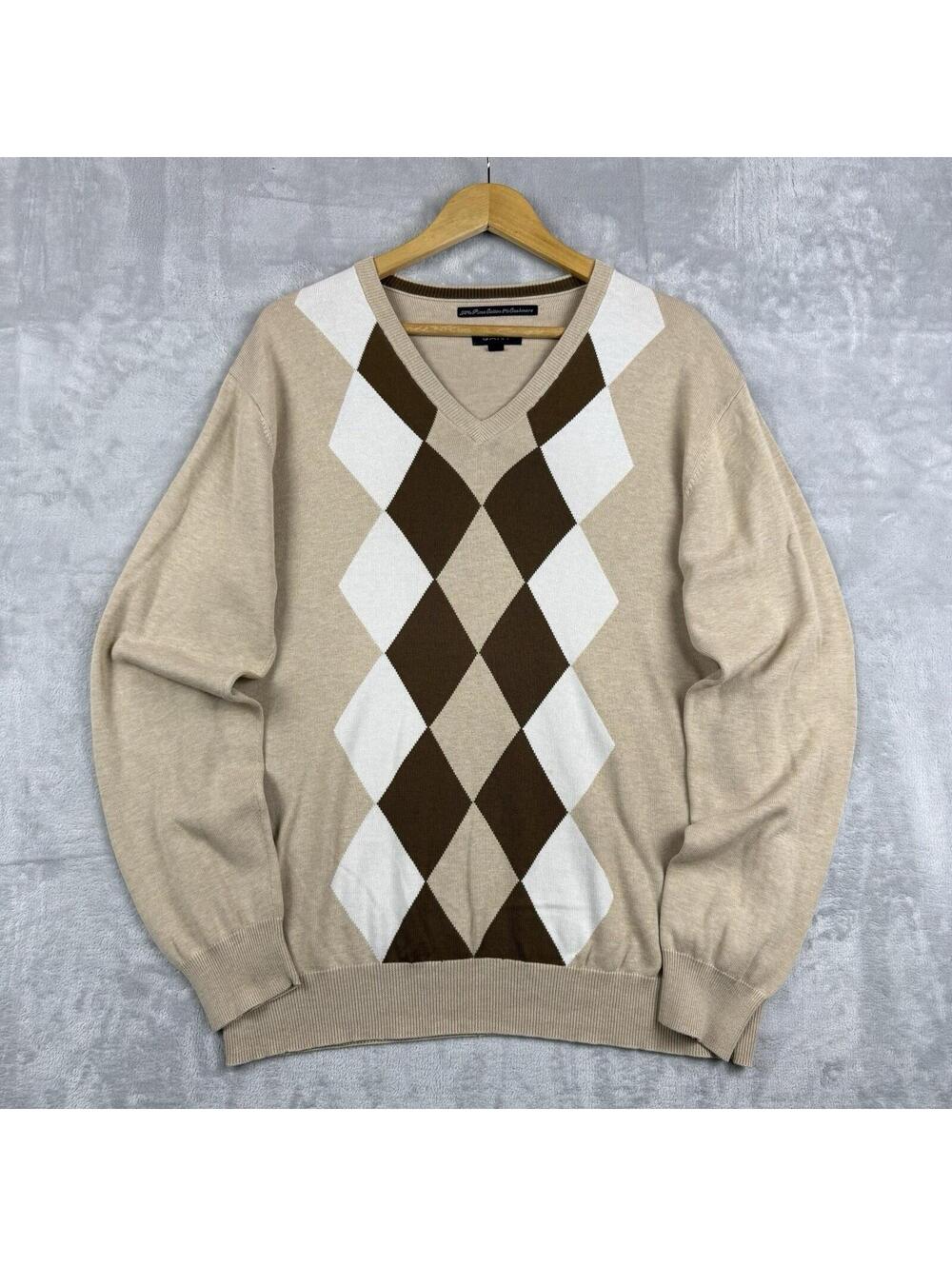 GANT Argyle Pima Cotton Cashmere V-Neck Sweater Men Large Ivy Style Preppy Golf
